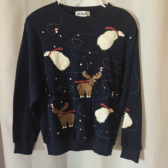 Saul Away Women S Blue Skating Polar Moose Christmas Vintage Ugly Sweater Sequin - Picture 1 of 9